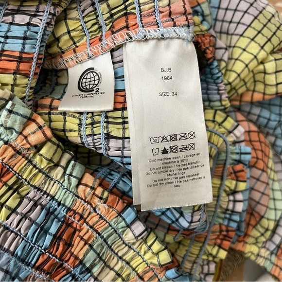 GANNI Smocked Check Puff Sleeve Top In Multi Women's Size 34 US 2 - Picture 7 of 11